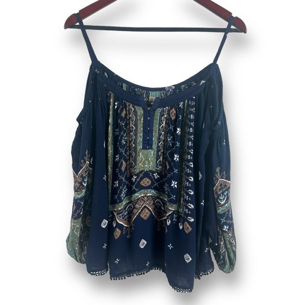 Ecote S Cold Shoulder Boho Peasant Blouse Navy Blue Pom Pom Trim Fall Festival
